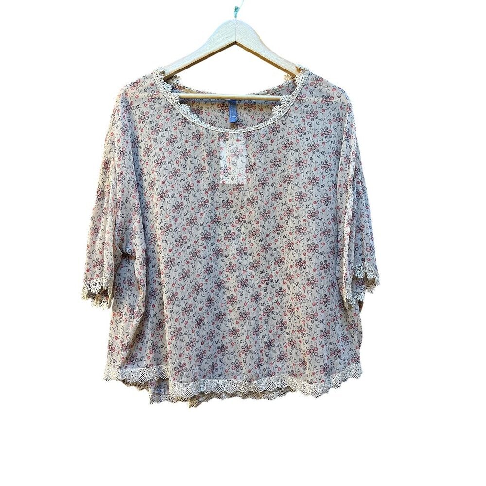 Vintage Free People M Calico Print Sheer Blouse Lace Trim Beige